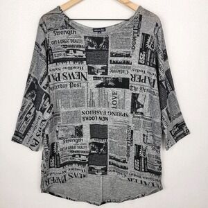 Olivia Blu Graphic Newspaper Print Dolman Tunic Top Women's 1X Gray Black Artsy
